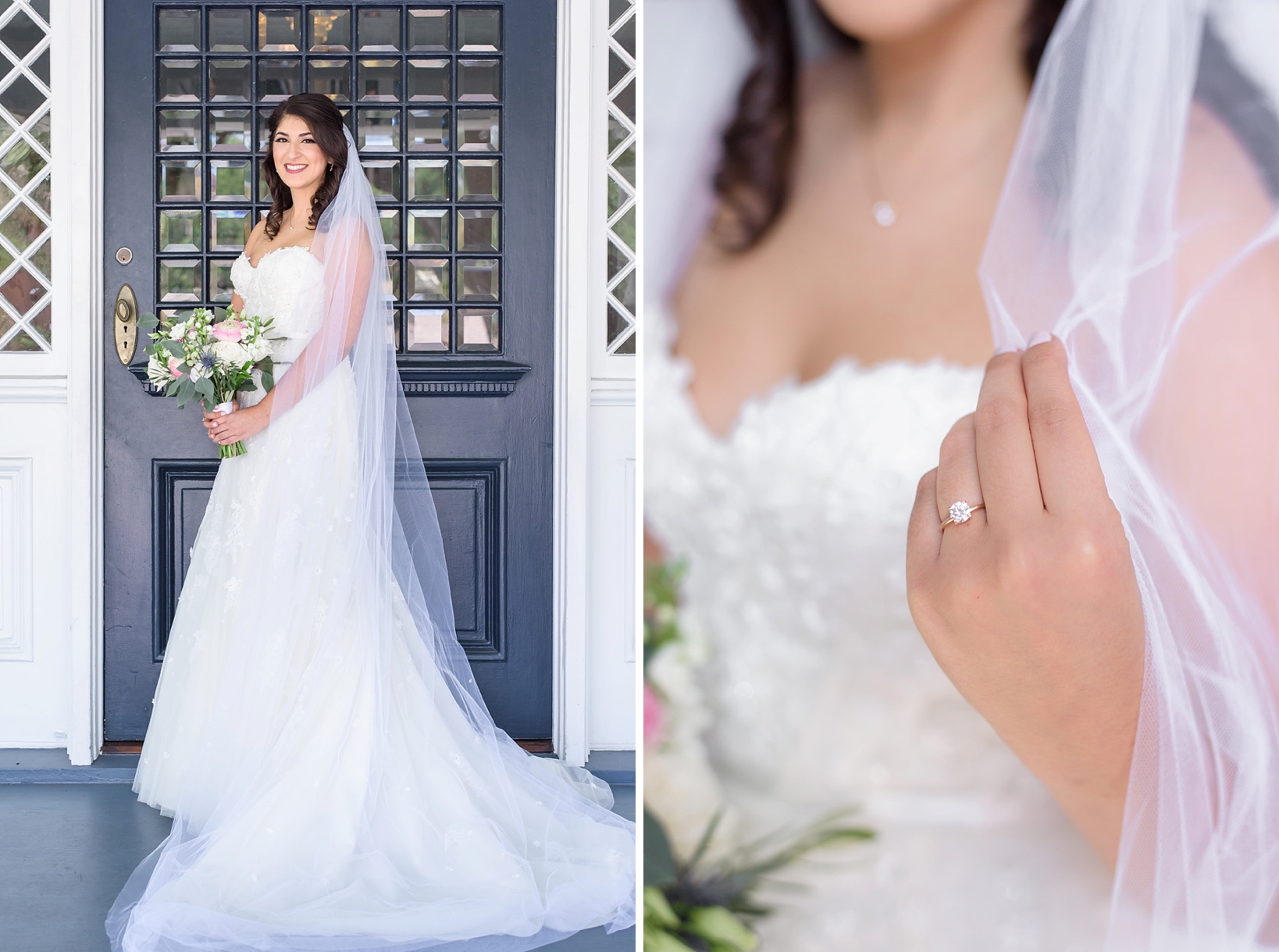 Bride in front of the modern front door of the Orlo in Tampa, FL and close up of the solitaire ring