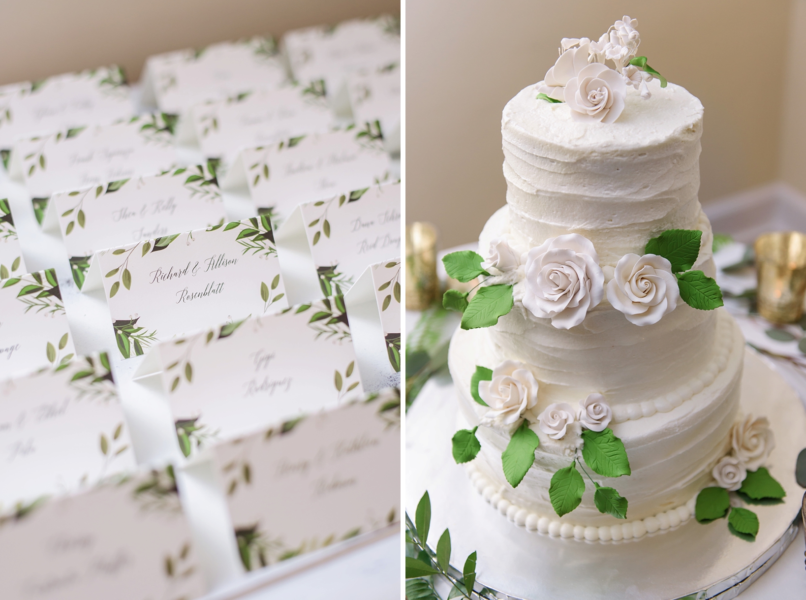 The wedding cake with candy roses and matching table place cards