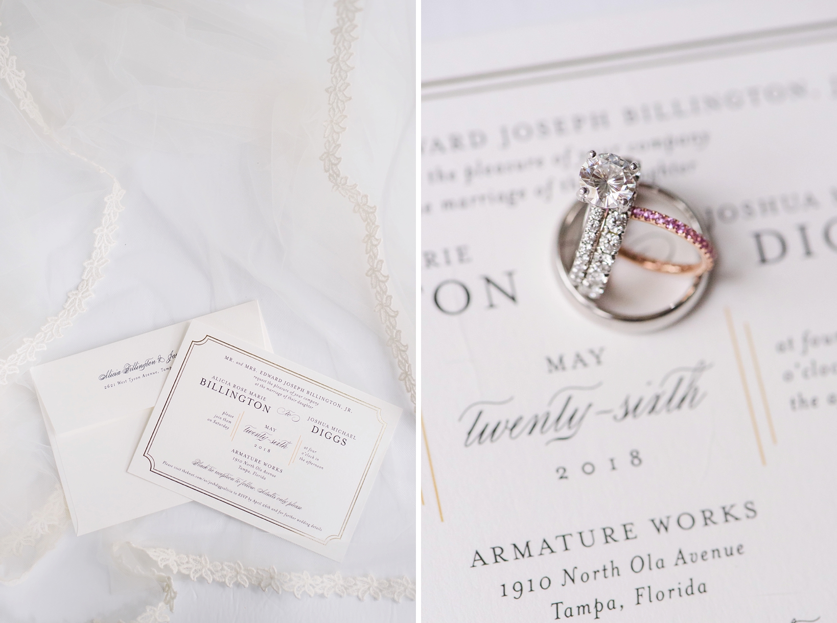 Wedding invitation suite and the wedding bands against the save the date