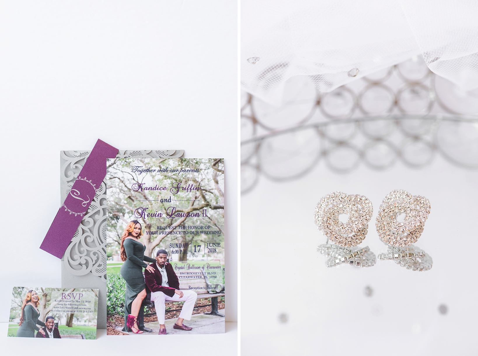 The bride's earrings and wedding invitation suite