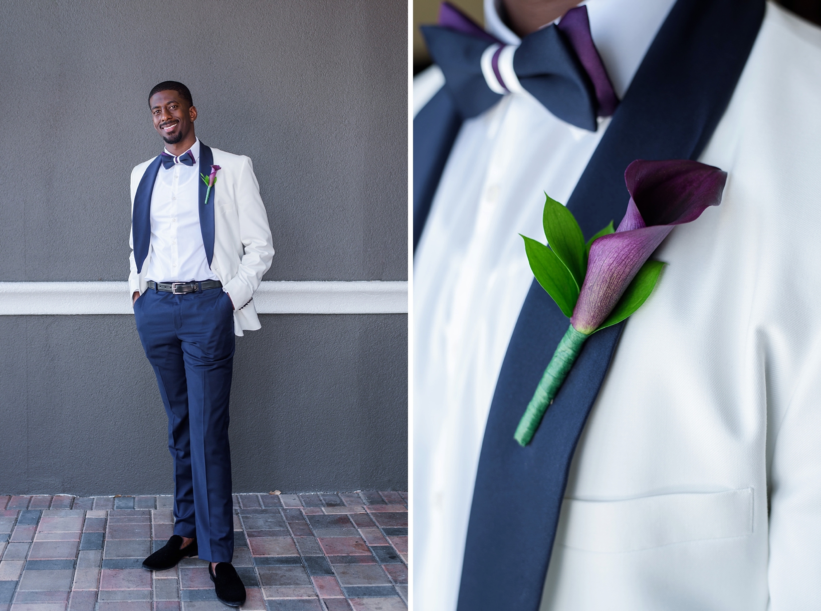 The groom in his custom made suit and velvet loafers and his calla lily boutonniere 