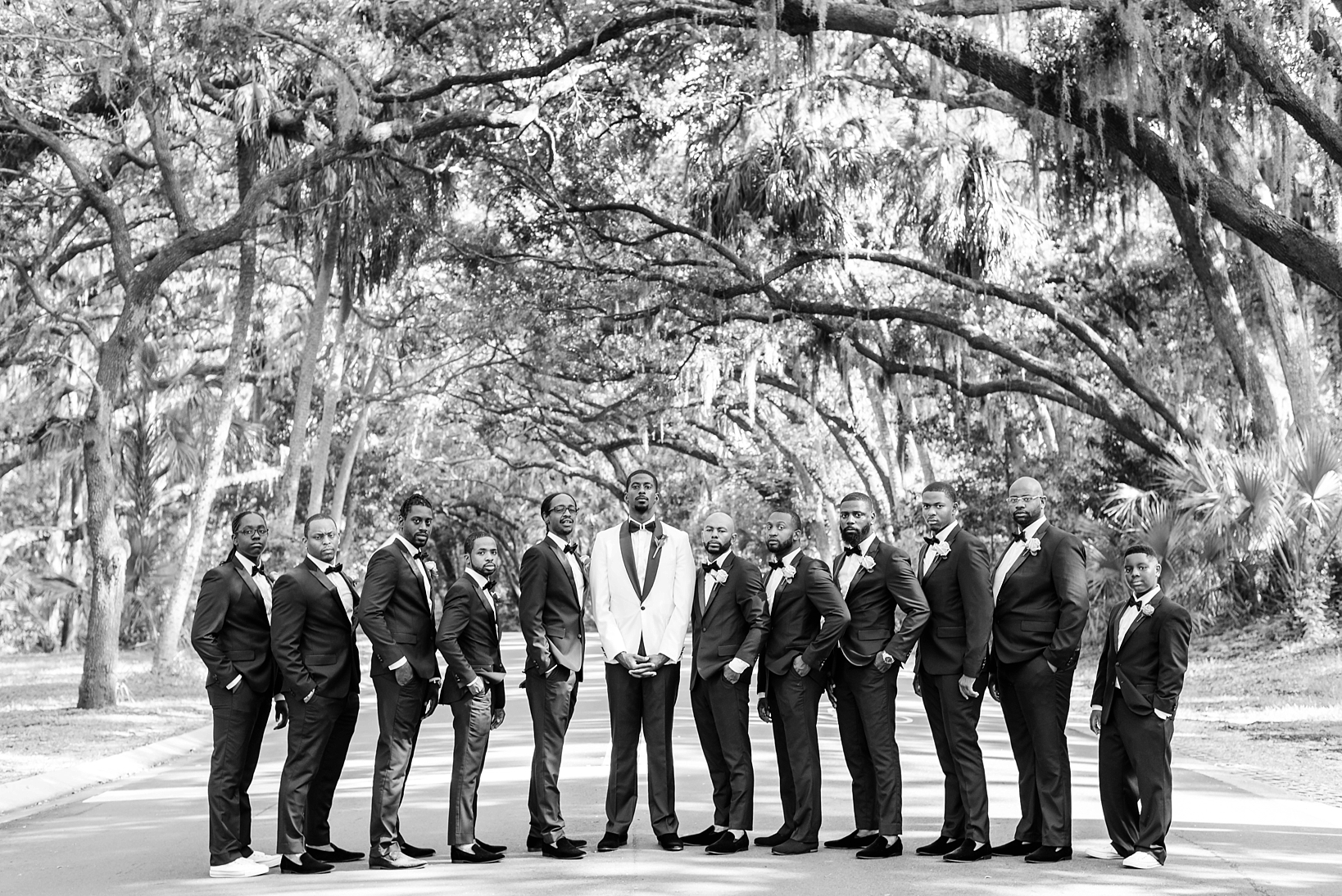 The Groom and his Groomsmen in a timeless black and white image