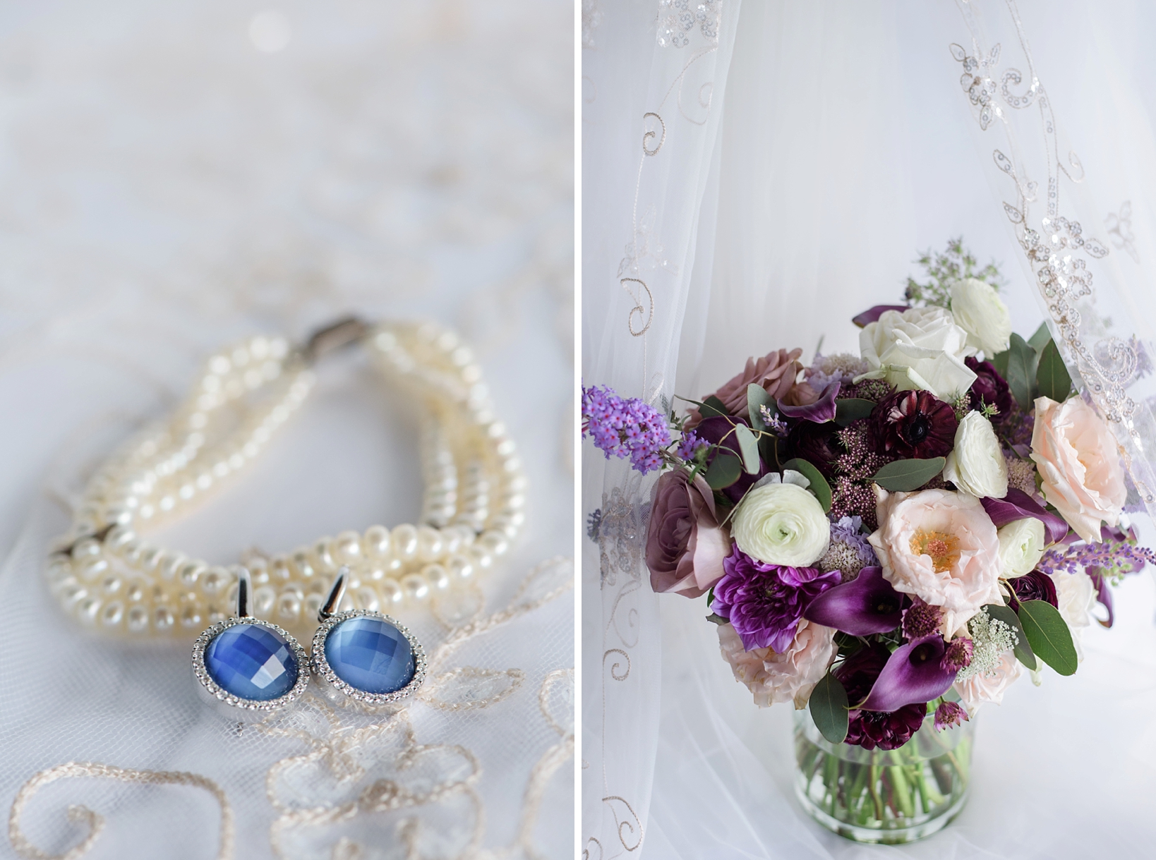 Pearls and lace with the bride's floral bouquet by Sarah & Ben Photography