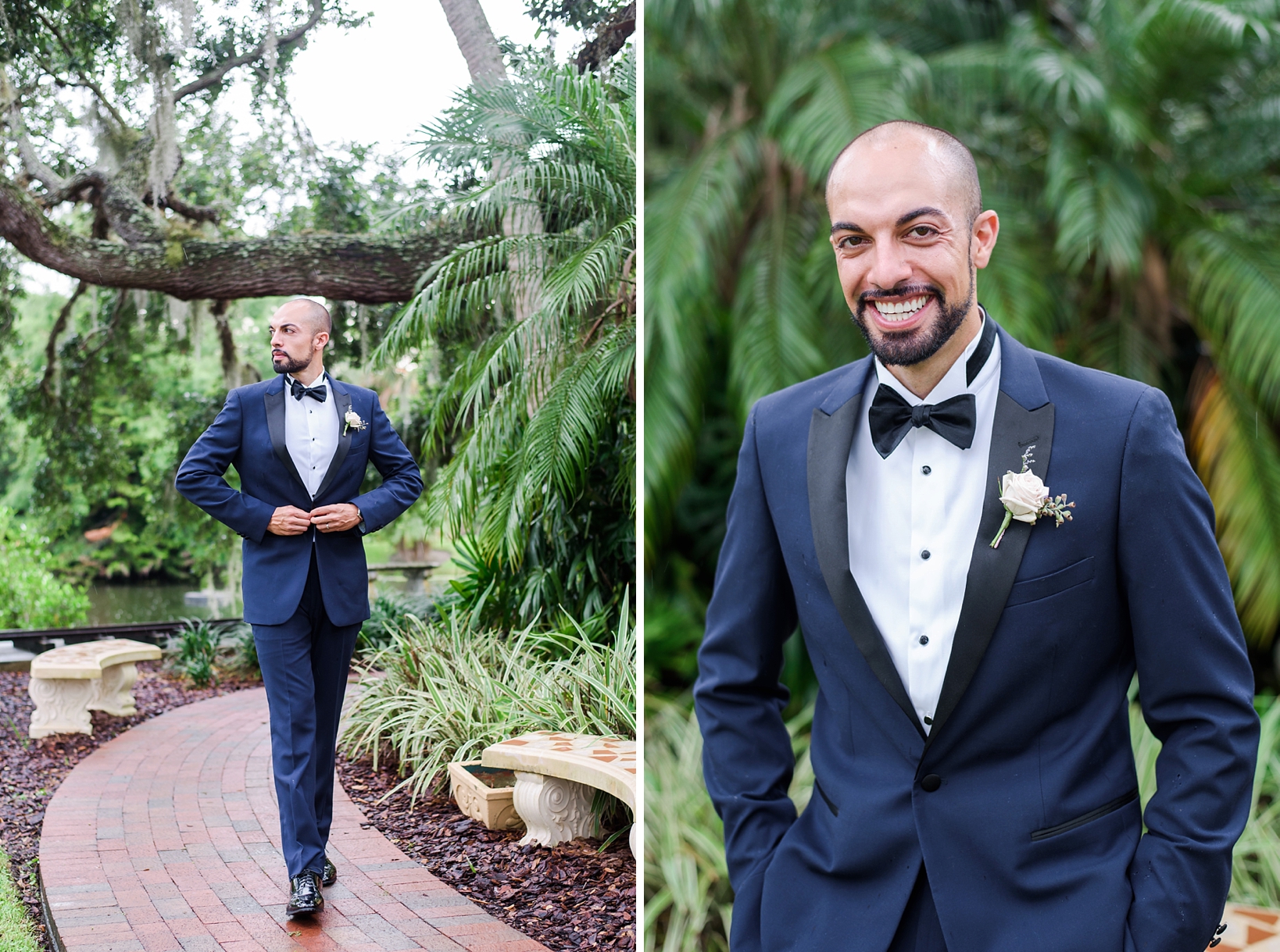 Groom in his dark blue tuxedo walks along the brick paths of the estate on the halifax by Sarah & Ben Photography, Tampa Florida
