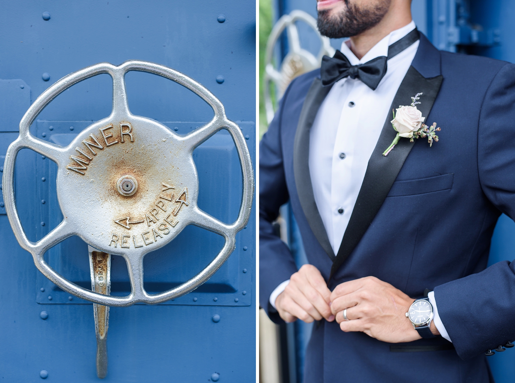 Grooms details of his suit with floral boutonniere by Sarah & Ben Photography 