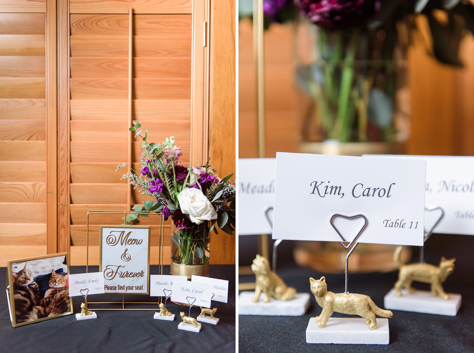 Reception details including table numbers with statues of cats