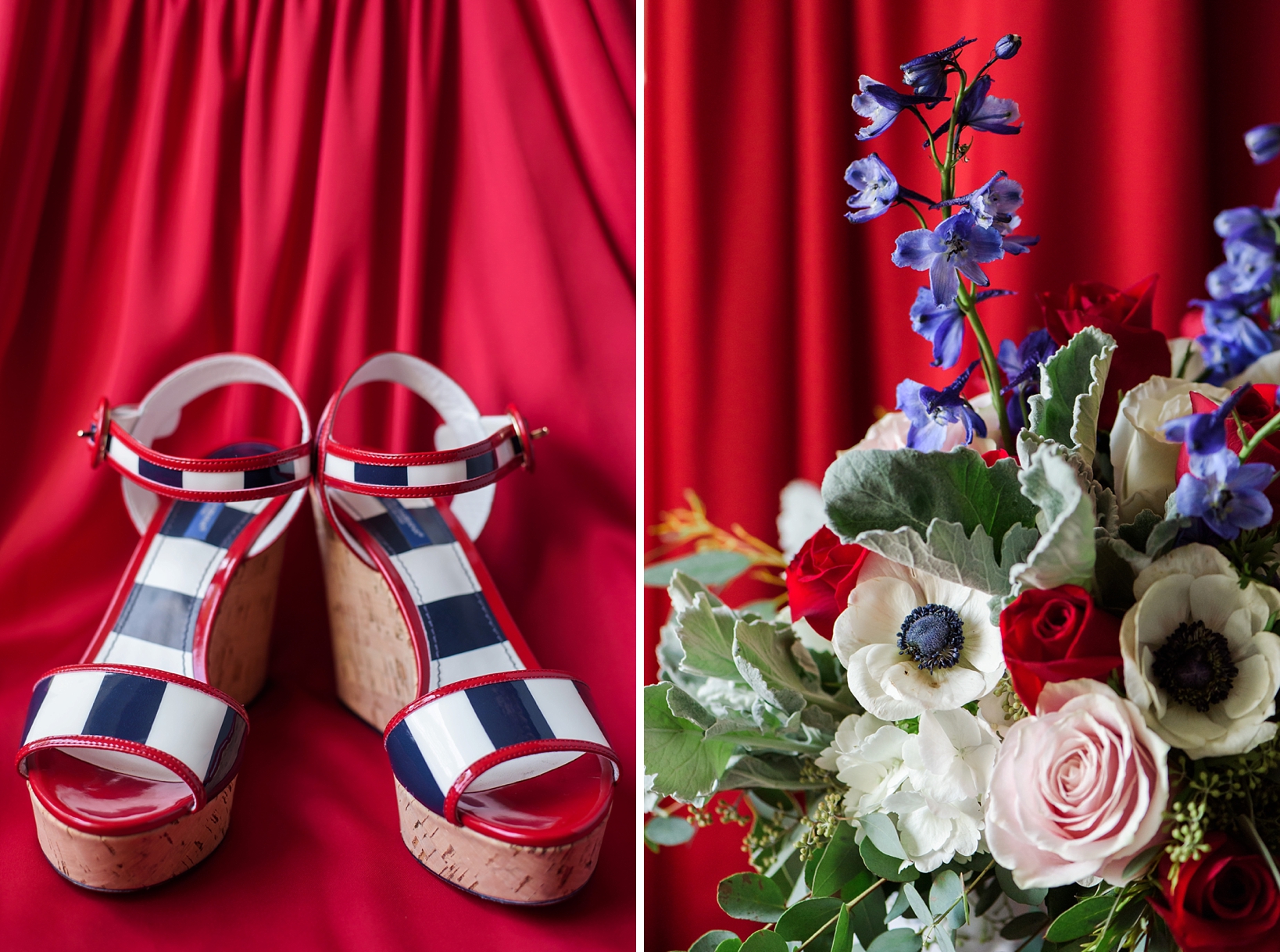 Brides wedding shoes and closeup of the floral bouquet against the red dress of a bridesmaid