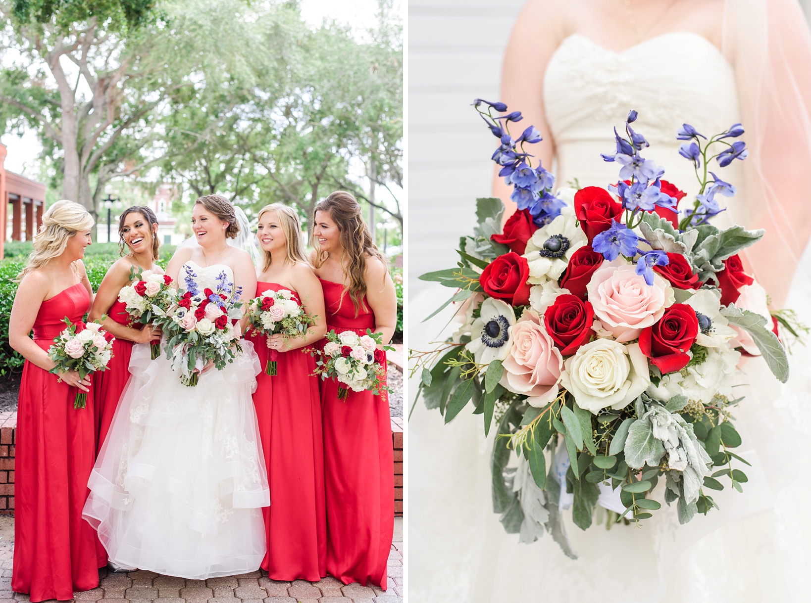 Bride and her Bridesmaids in Tampa, Florida and a close up of the giant bouquet of roses