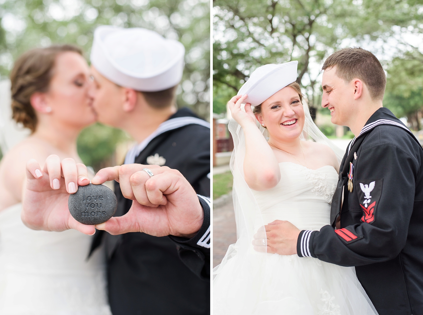 The bride and groom hold out a worry stone for him to rub while he is deployed for the military