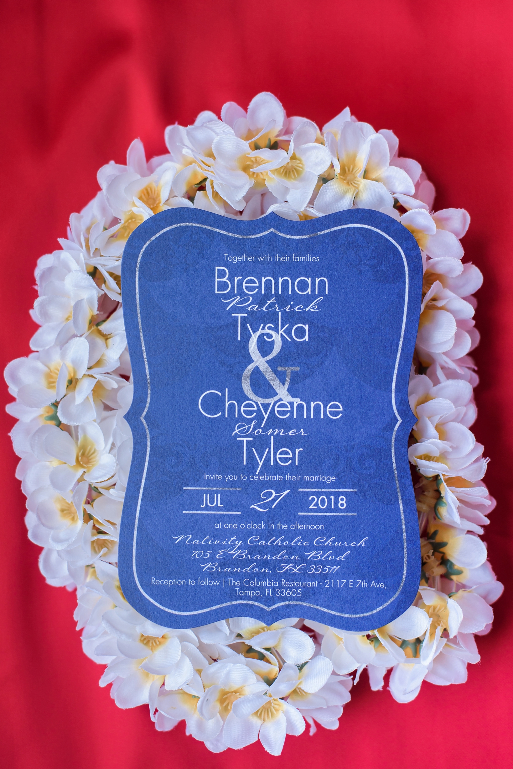 Hawaiian Lei floral background with wedding invitation