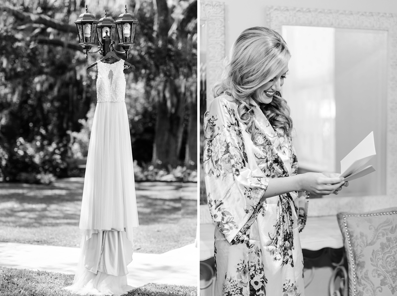 Black and white image of the wedding dress hanging on a lamp post and the bride reading her letter from her Groom by Sarah & Ben Photography 
