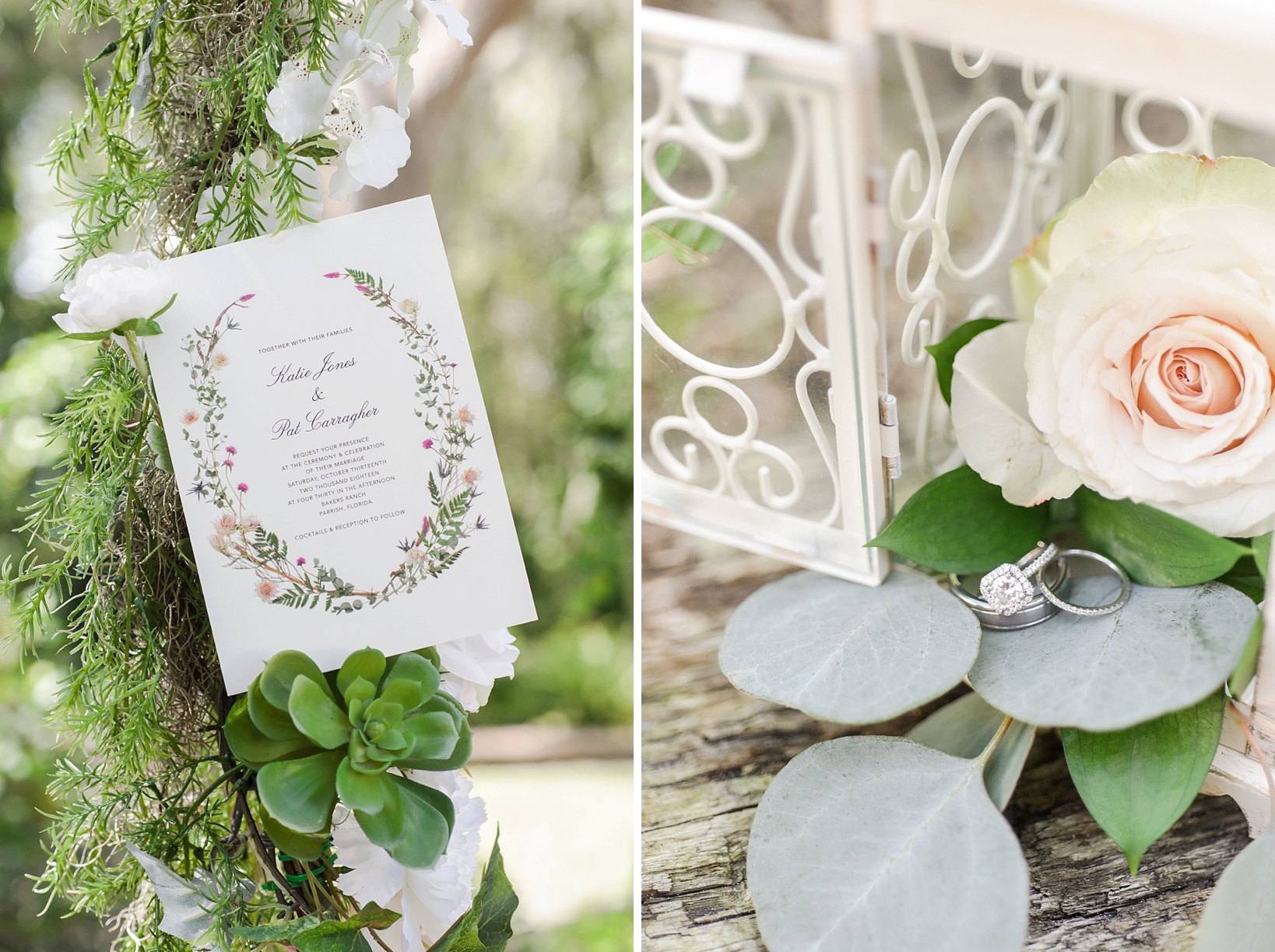 Wedding invitation in succulent filled wedding arch florals and wedding rings inside lantern by Sarah & Ben Photography