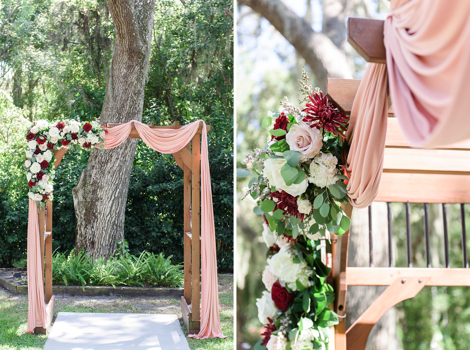 The wedding arch with blush drapery and floral accents by Sarah & Ben Photography 