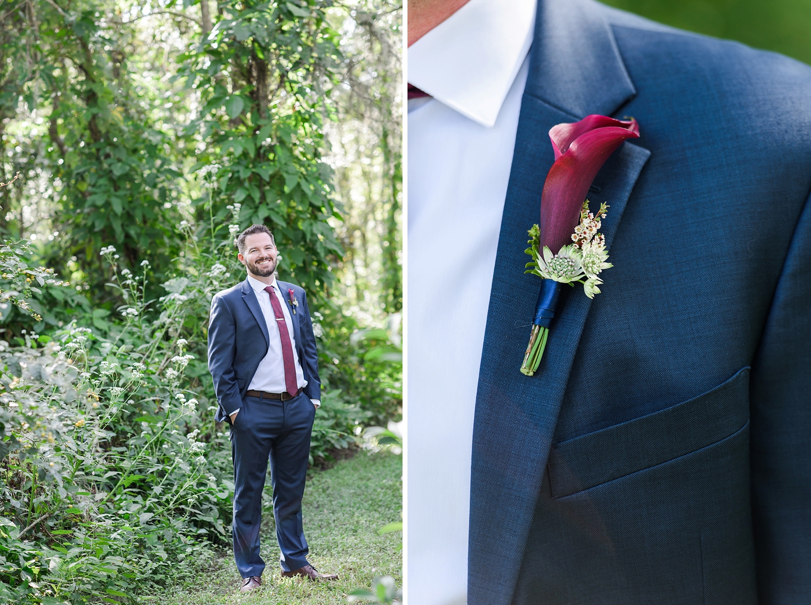 Groom portrait with a close up detail of his floral boutonniere by Sarah and Ben Photography