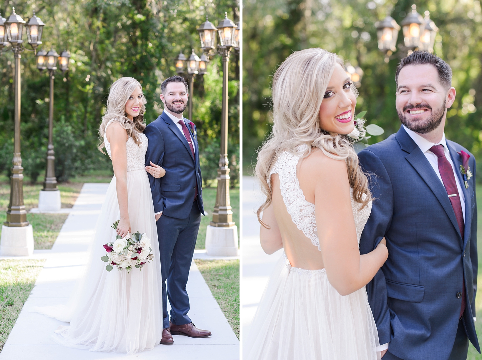 Bride and Groom portraits along the light post filled sidewalk of bakers ranch
