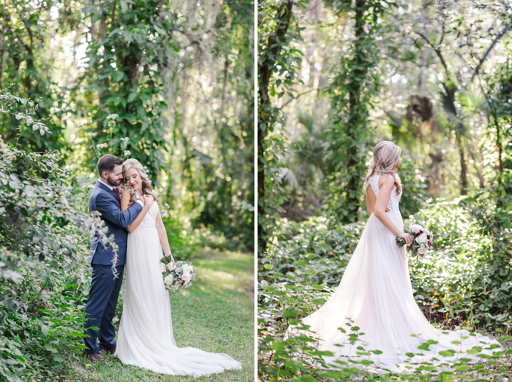 Beautiful garden portraits of the bride and groom at Bakers Ranch in Parrish, Fl by Sarah and Ben Photography