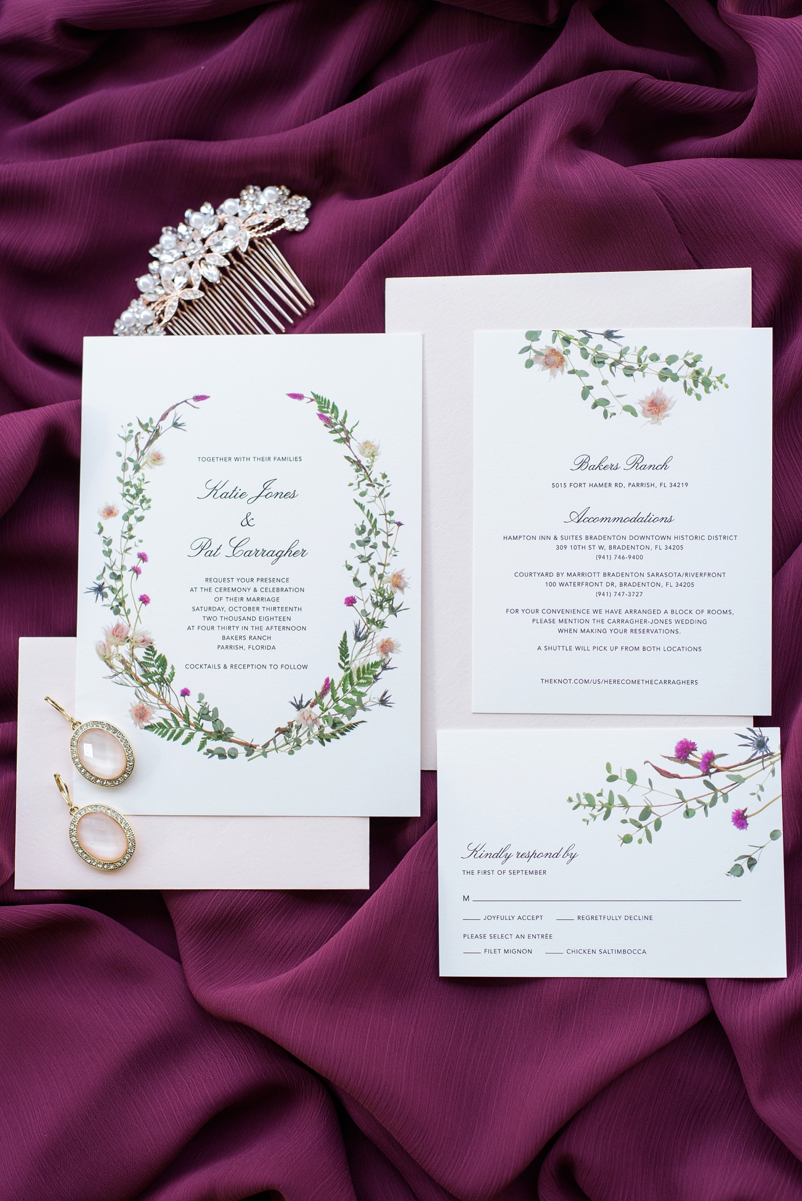 The wedding invitations suite featuring florals and matching bridesmaid dress background by Sarah & Ben Photography located in Tampa, FL