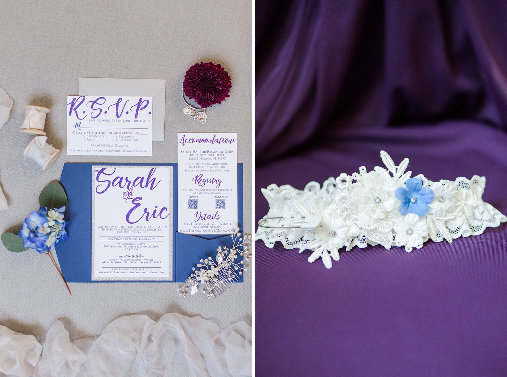 The wedding invitation suite with pops of purple and navy by Sarah & Ben Photography
