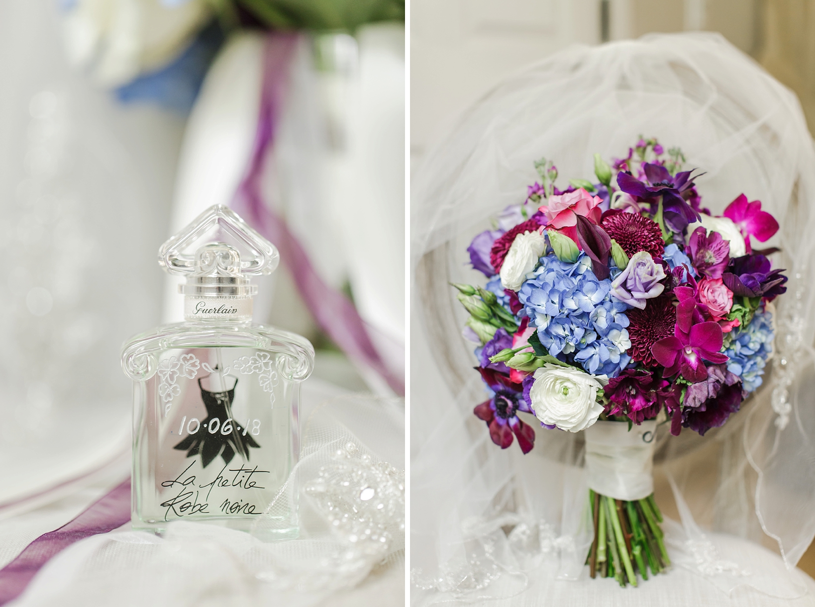 Bride's customized perfume and floral bouquet surrounded by the wedding veil by Sarah & Ben Photography