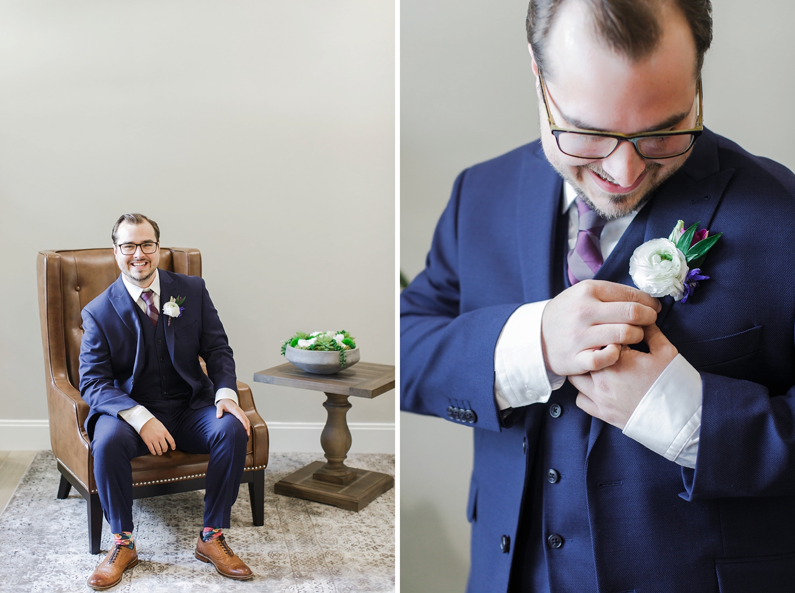 Groom waiting for his bride to arrive and adjusting his boutonniere by Sarah & Ben Photography 