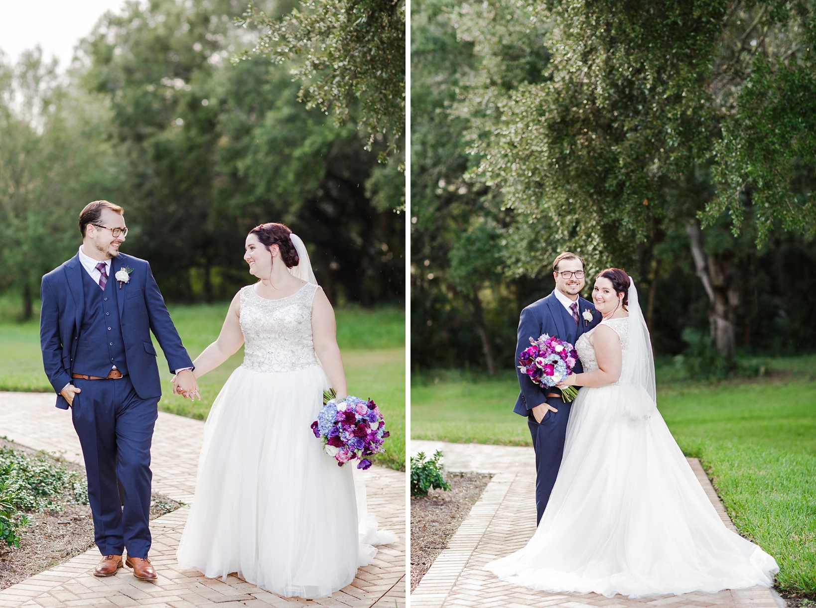 Bride and groom under the oak trees on the chapel grounds by Sarah & Ben Photography