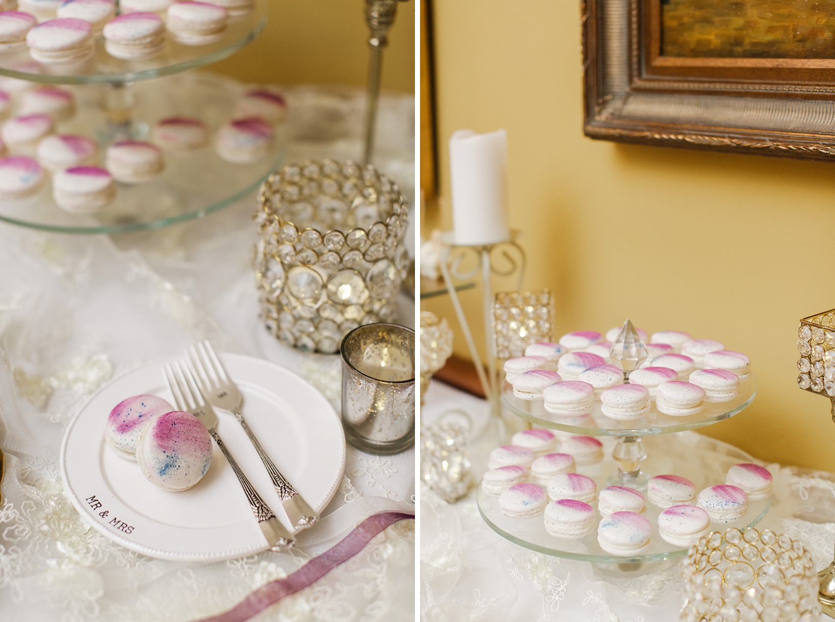 Dessert table featuring macarons and crystal candle holders by Sarah & Ben Photography