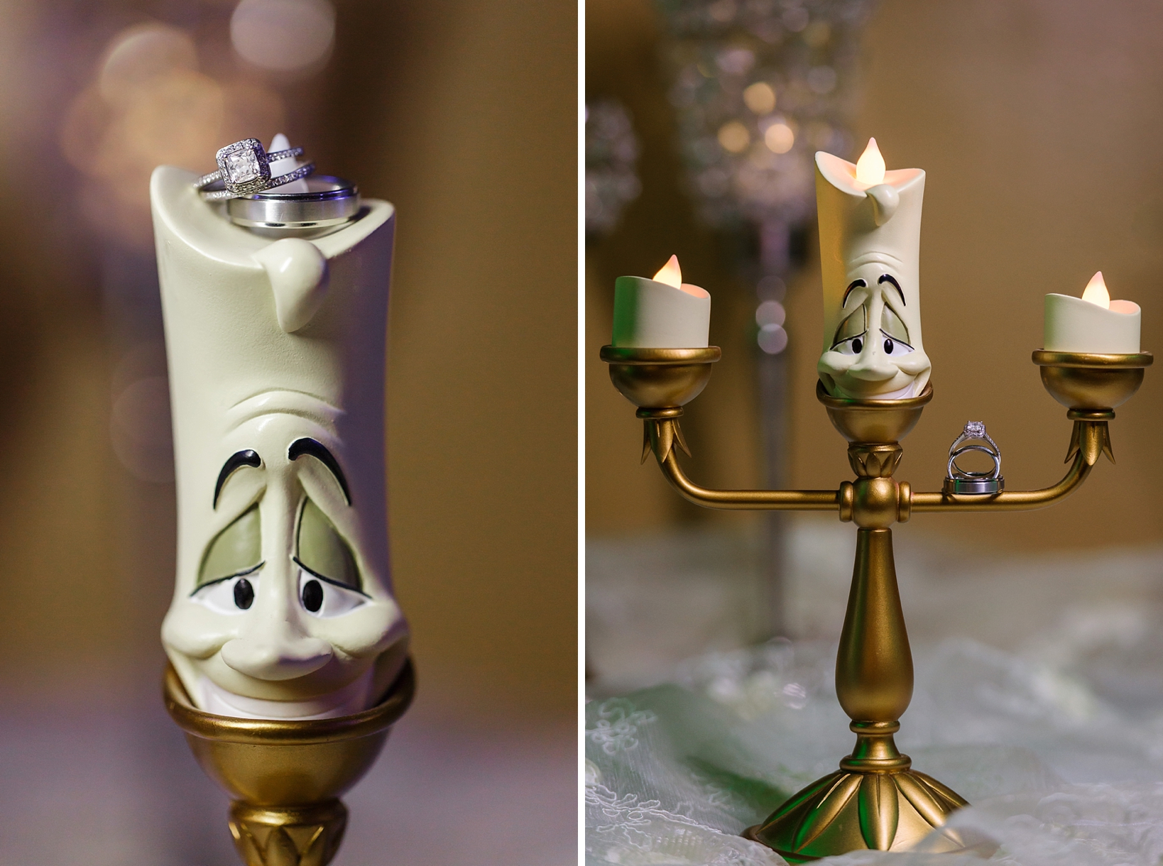 Lumiere figurine from beauty and the beast featured in the details of the wedding rings photographs by Sarah & Ben Photography