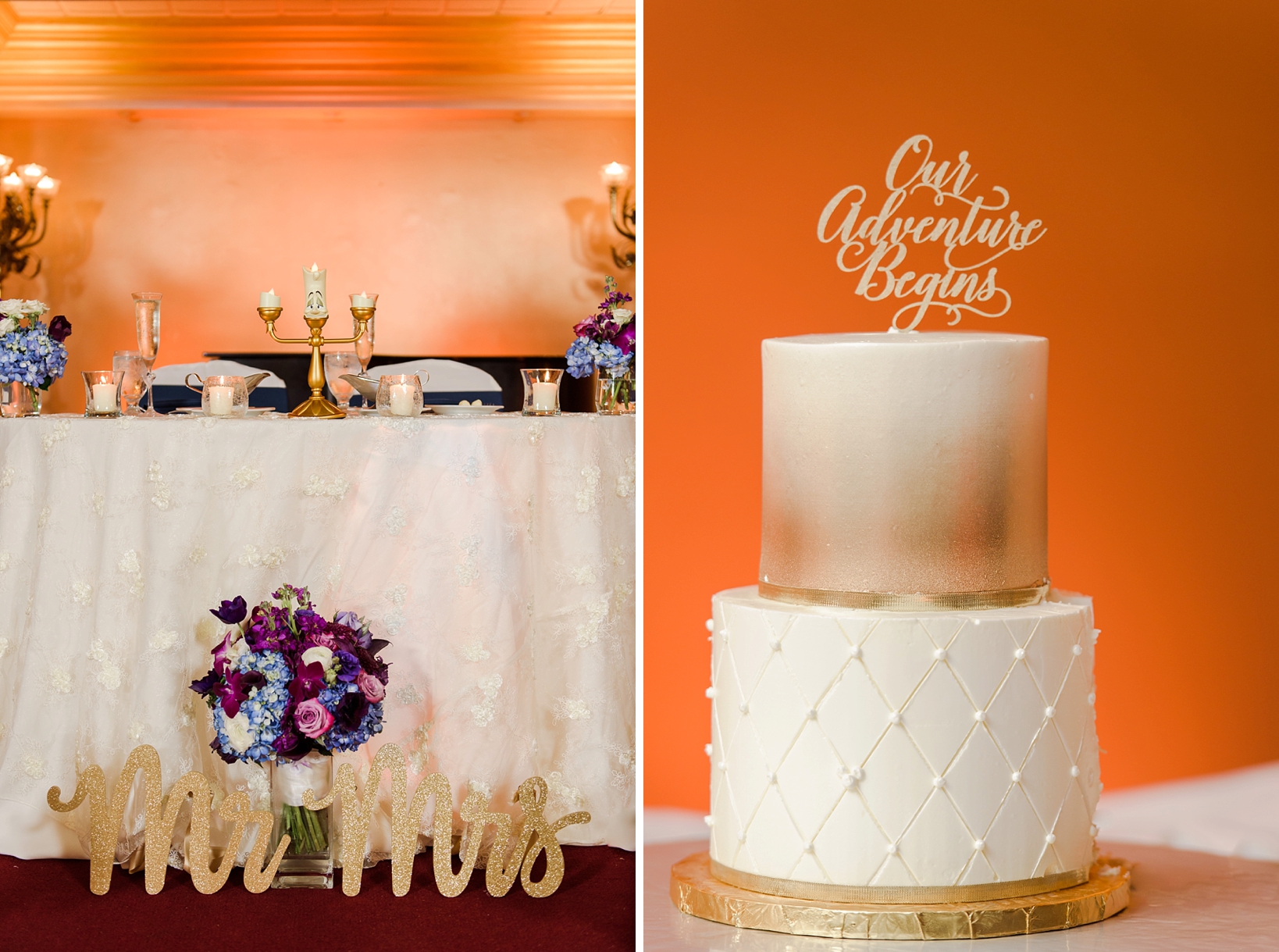 The wedding cake with gold topper and accents by Sarah & Ben Photography