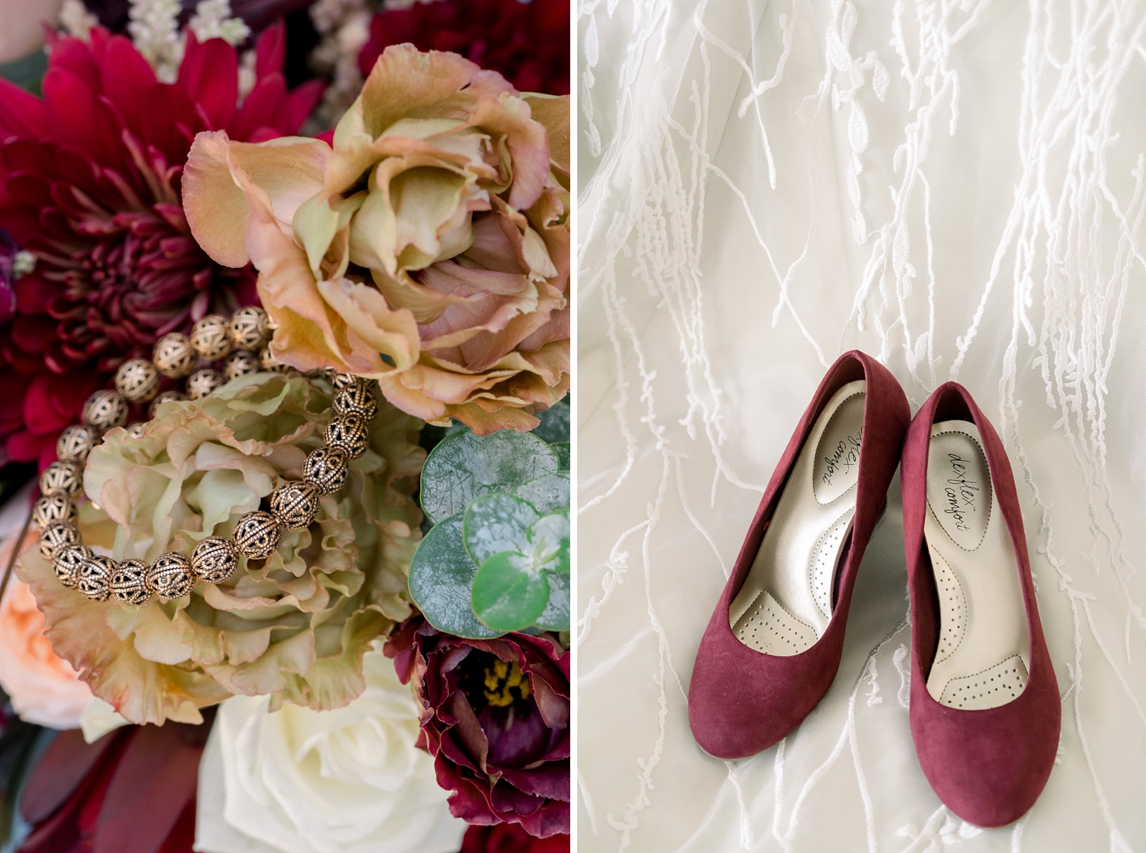 The bride's red wedding shoes against the lace of her wedding dress and a close up of her bracelet