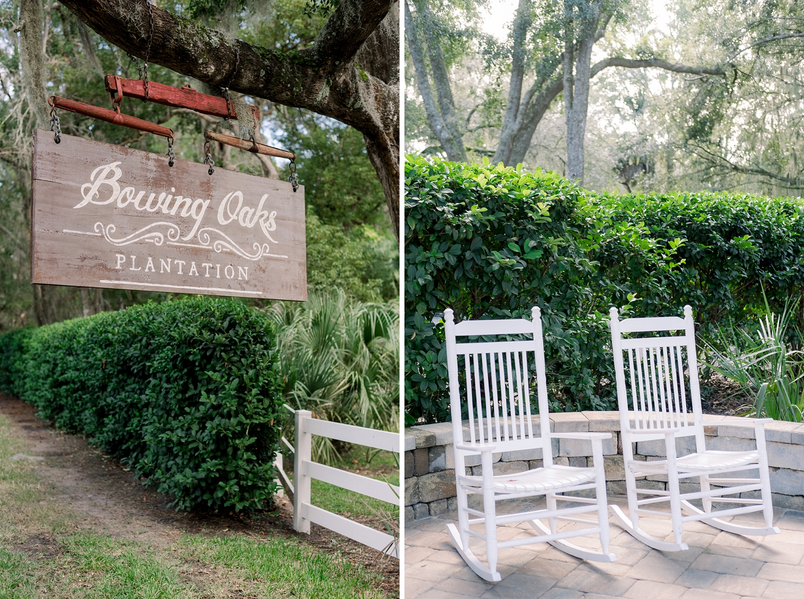 Sign of Bowing Oaks Plantation wedding venue and some white rocking chairs shot by Sarah Ben photography in Jacksonvile,FL