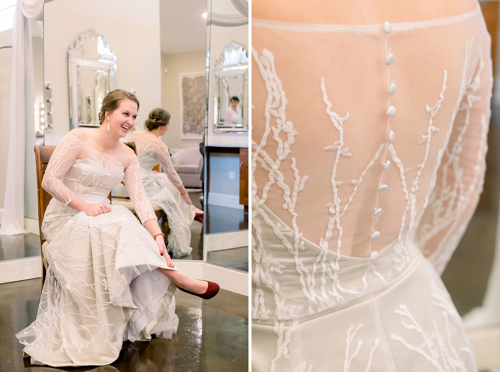 Detail of the lace in the bride's dress and a picture of the bride putting her red shoes on