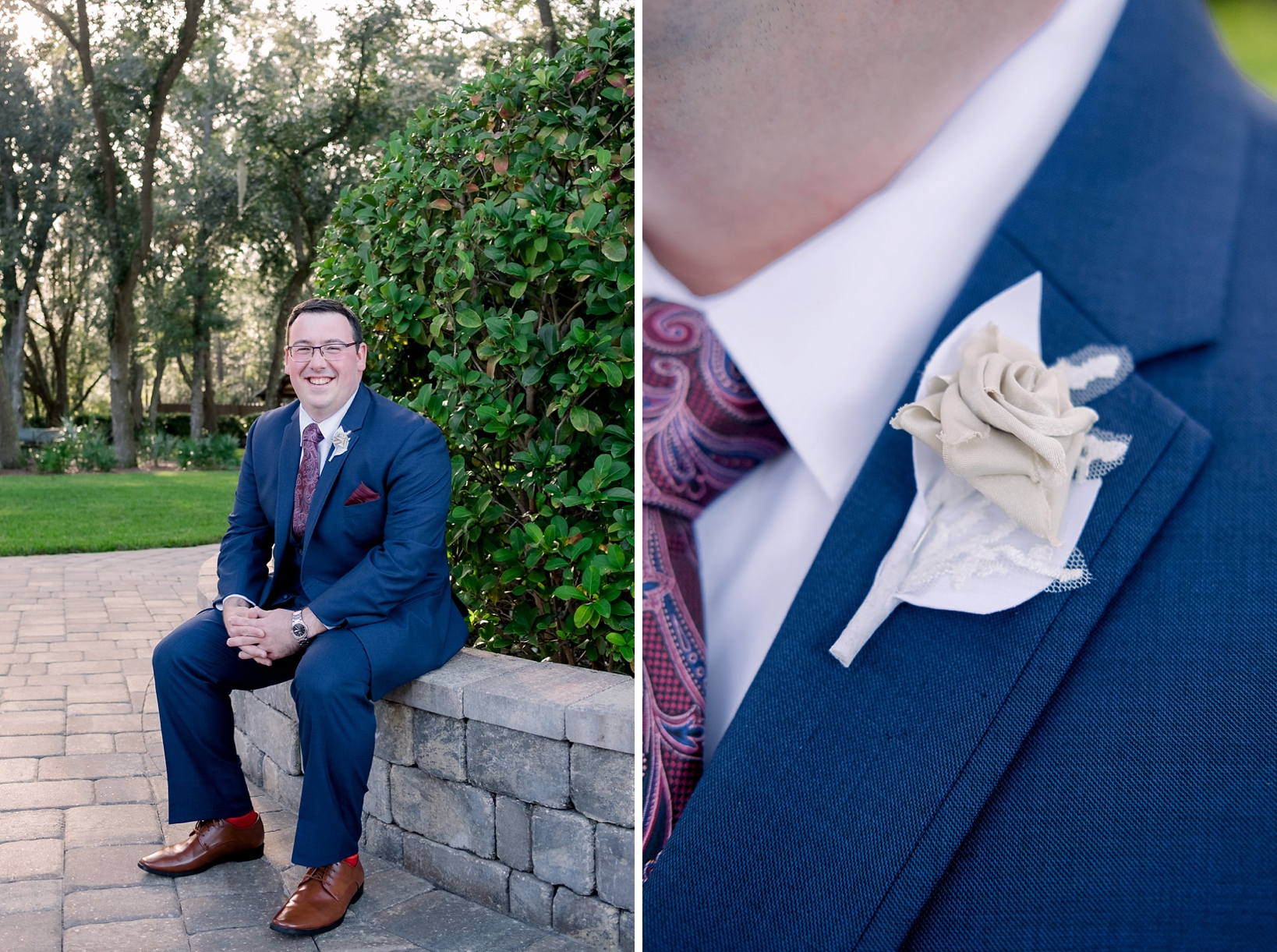 The groom sitting on a brick wall and a detail picture of the grooms custom boutonniere 