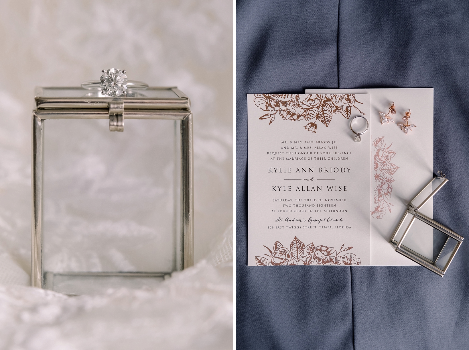 Wedding ring on a glass box and foil stamped wedding invitations by Sarah & Ben Photography