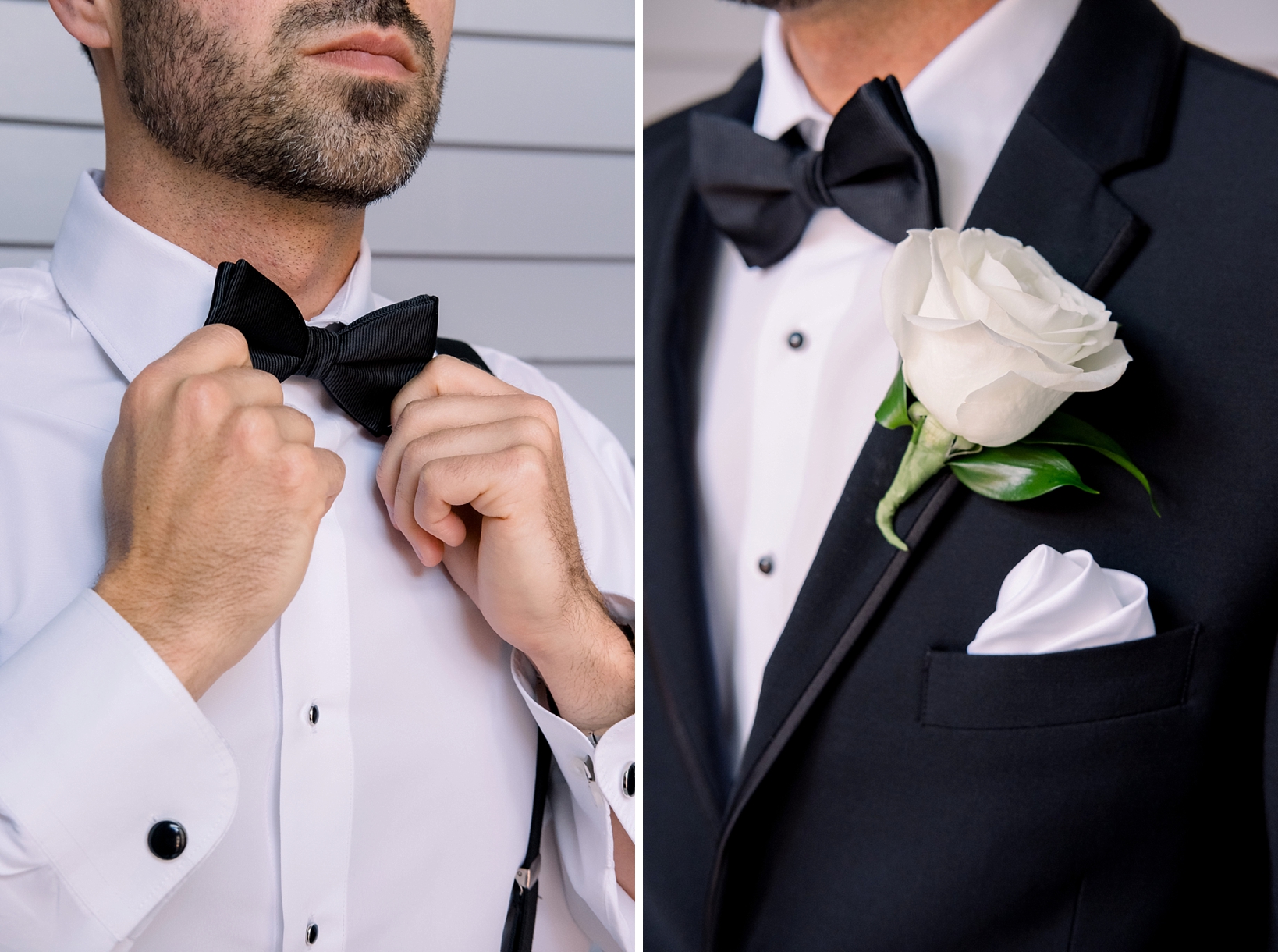 Groom details including bow tie and flower lapel by Sarah & Ben Photography