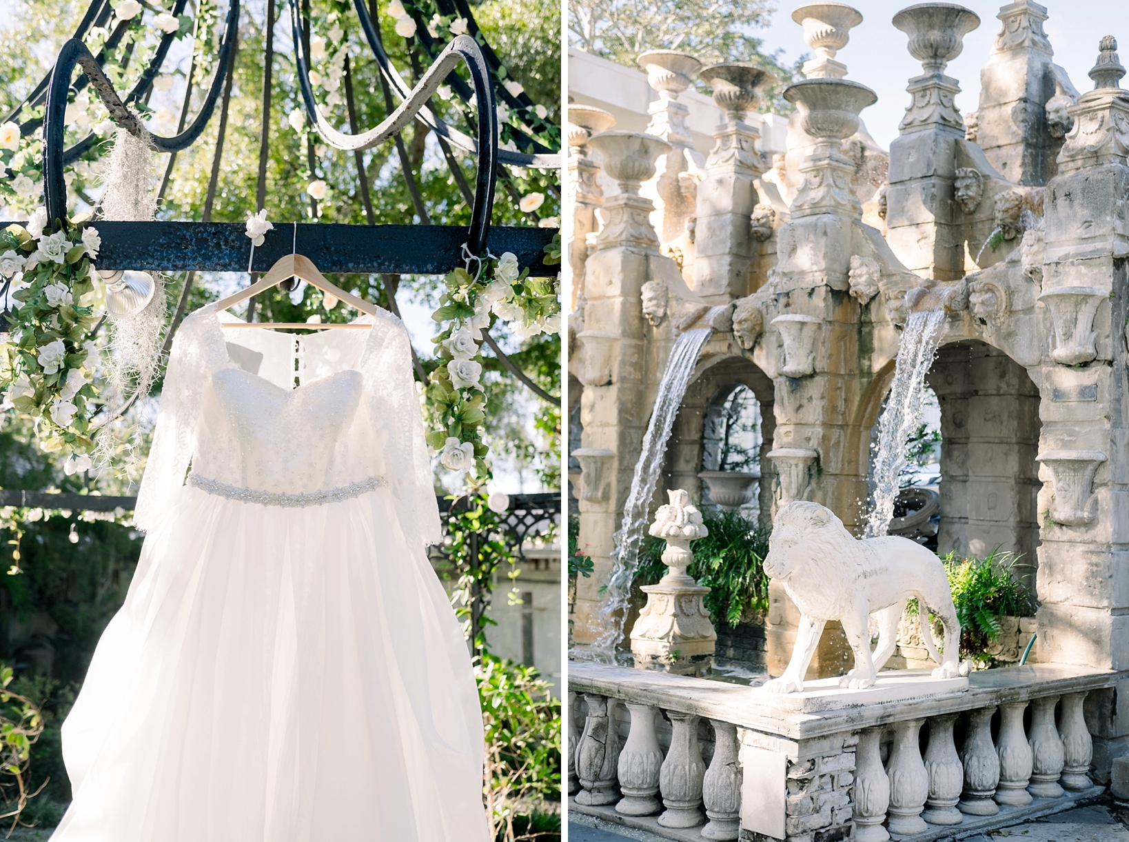 The Bride's wedding dress hanging on an iron pergola and a detail shot of the fountains outside the kapok tree by sarahben.com