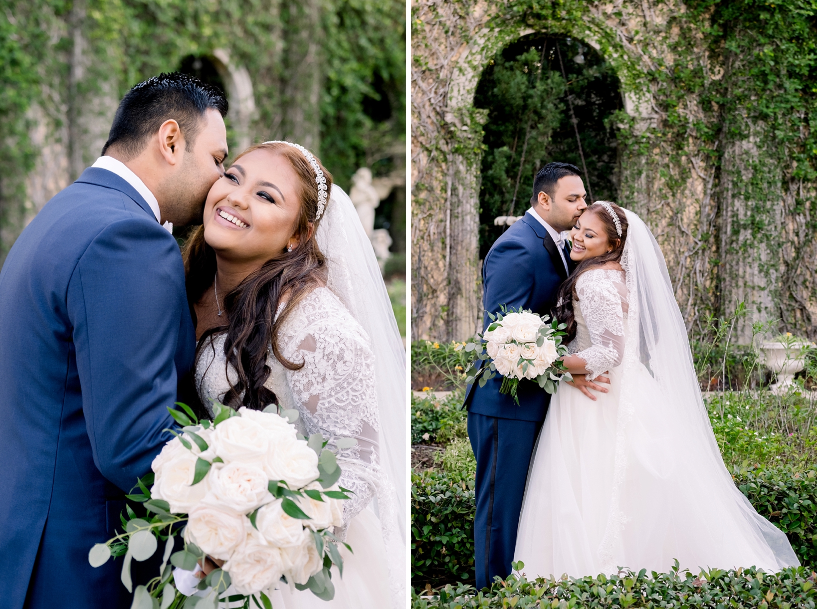 The Bride and Groom share an embrace in the gardens of the Kapok Tree 