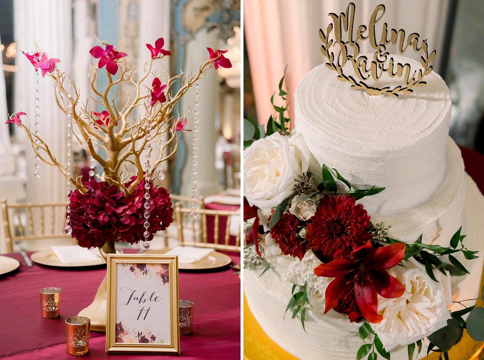 Some floral and crystal decor details and the wedding cake close up by Sarah & Ben Photography
