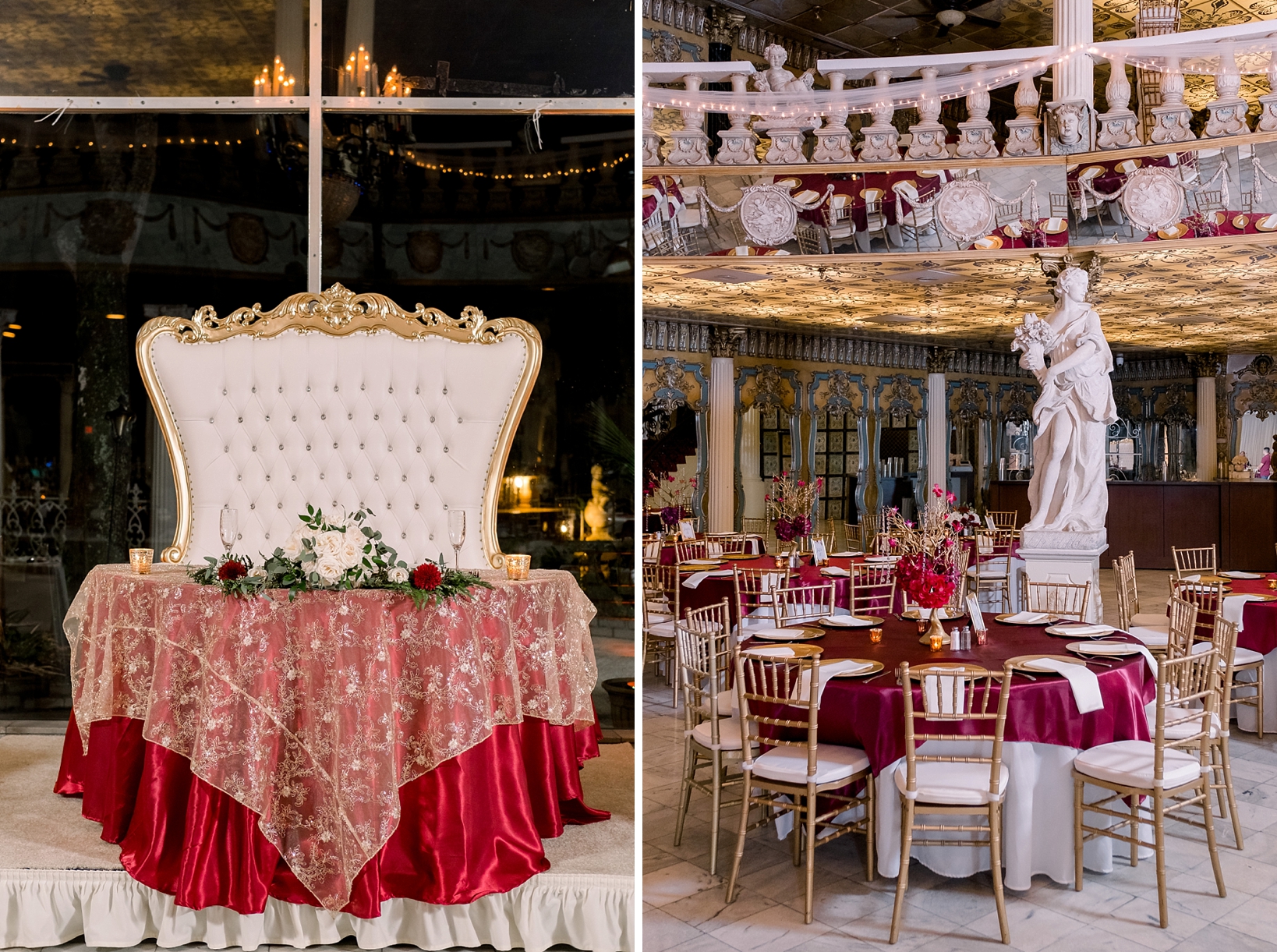 A huge sweetheart table chair and some guest seating surrounded by statues and wall mosaics by Sarah & Ben Photography