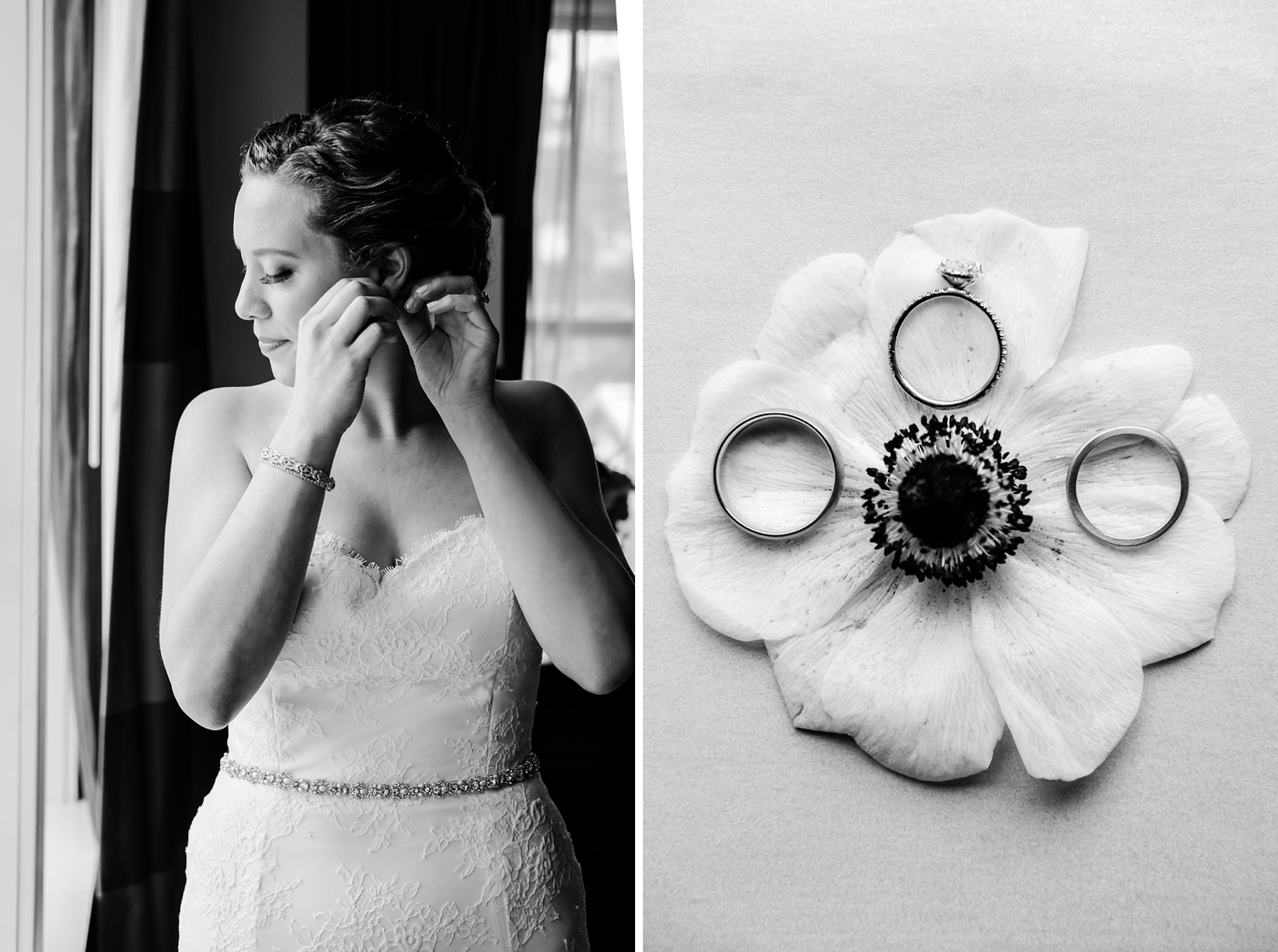 In timeless black and white the bride puts her earring in and a close-up of the rings and a floral touch by Sarah & Ben Photography