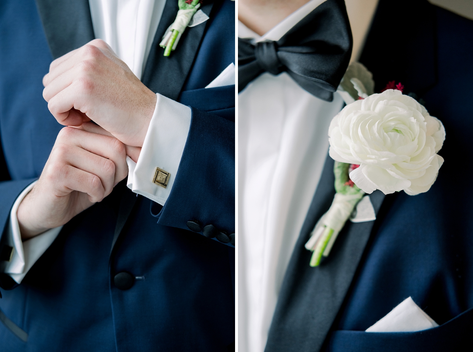 The groom's details on the wedding day including his cufflinks and his boutonniere. 