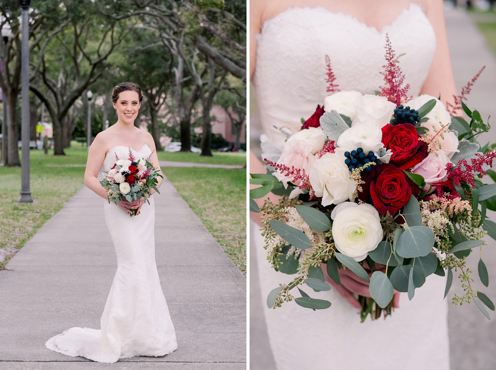 Solo portrait of the Bride and a detailed look at her flowers in the Bouquet