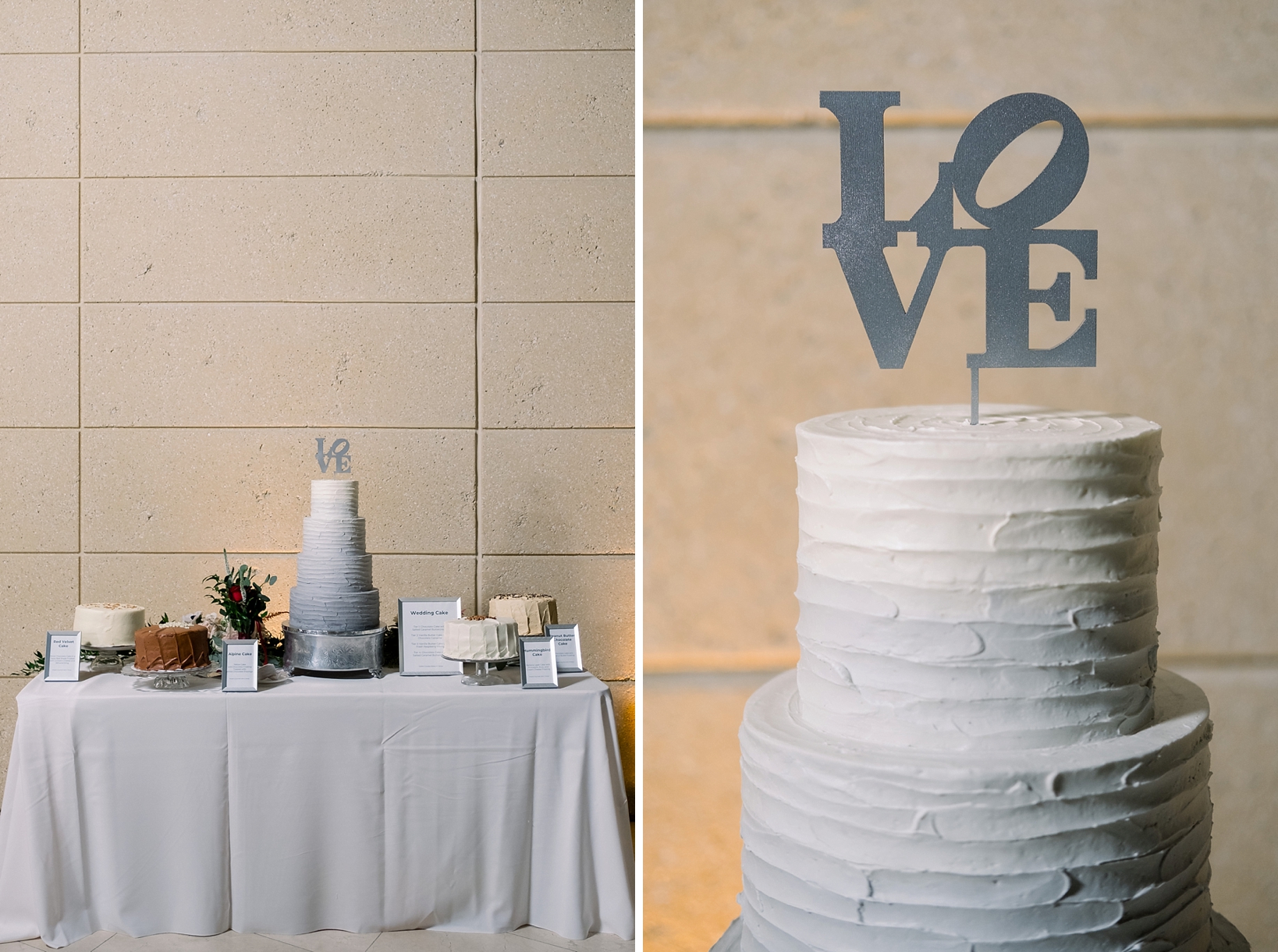 The wedding cake table with cake topper and other cakes by Sarah & Ben Photography