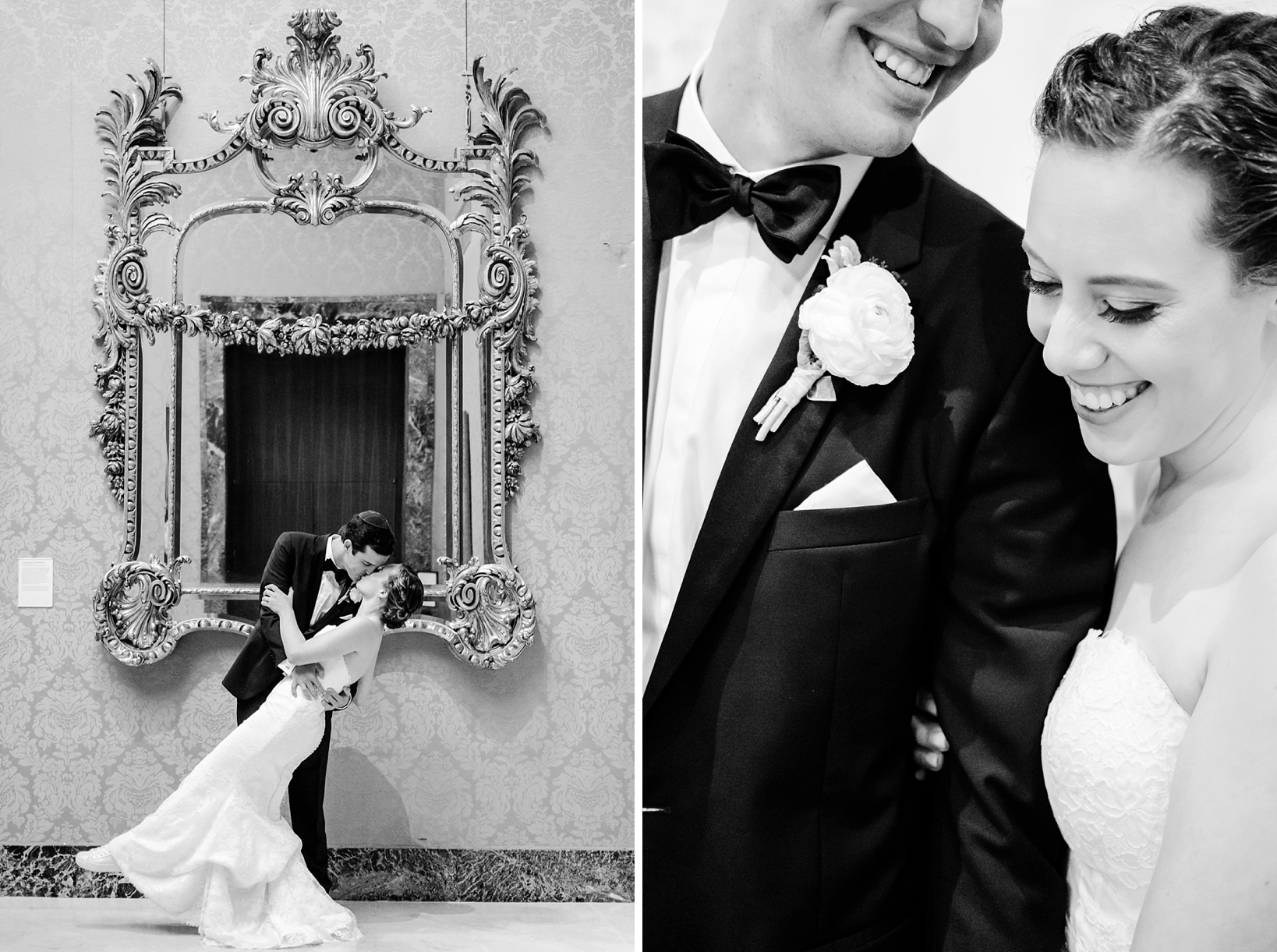 Black and white photo of the bride and groom dip kissing and laughing by Sarah & Ben Photography