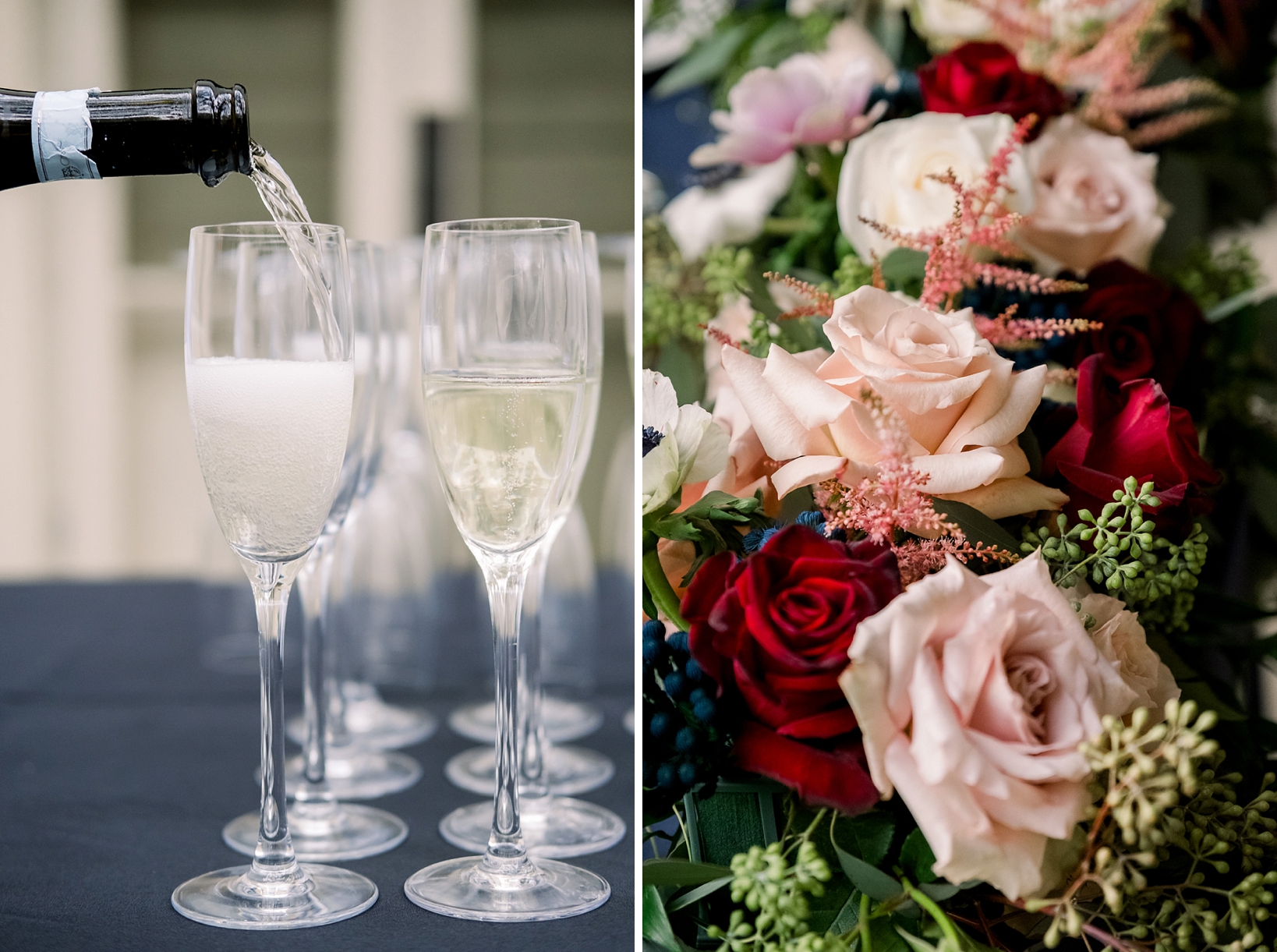Champagne being poured at cocktail hour and some rose florals by Sarah & Ben Photography