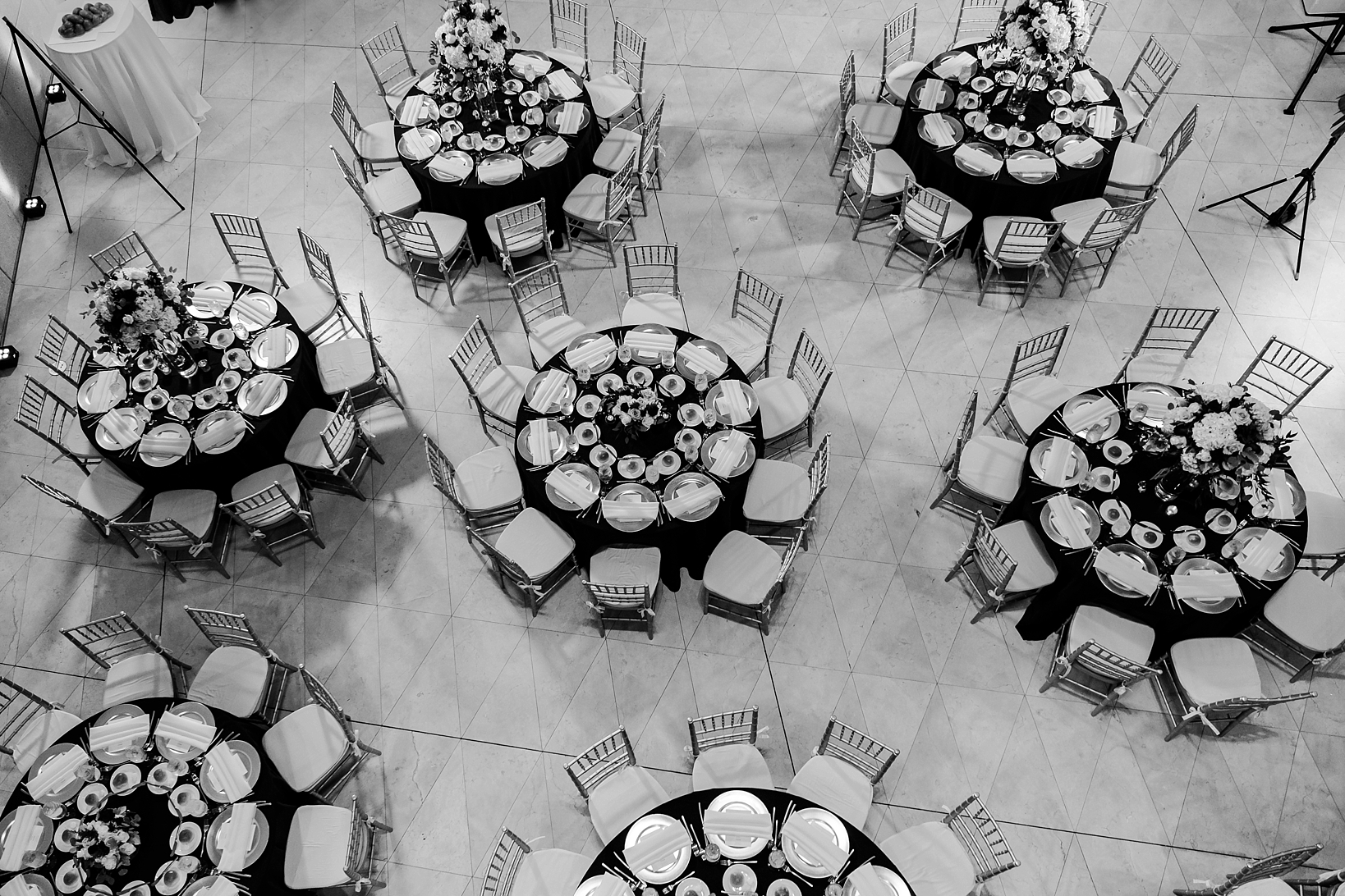 A birds eye view of the wedding reception tables by Sarah & Ben Photography