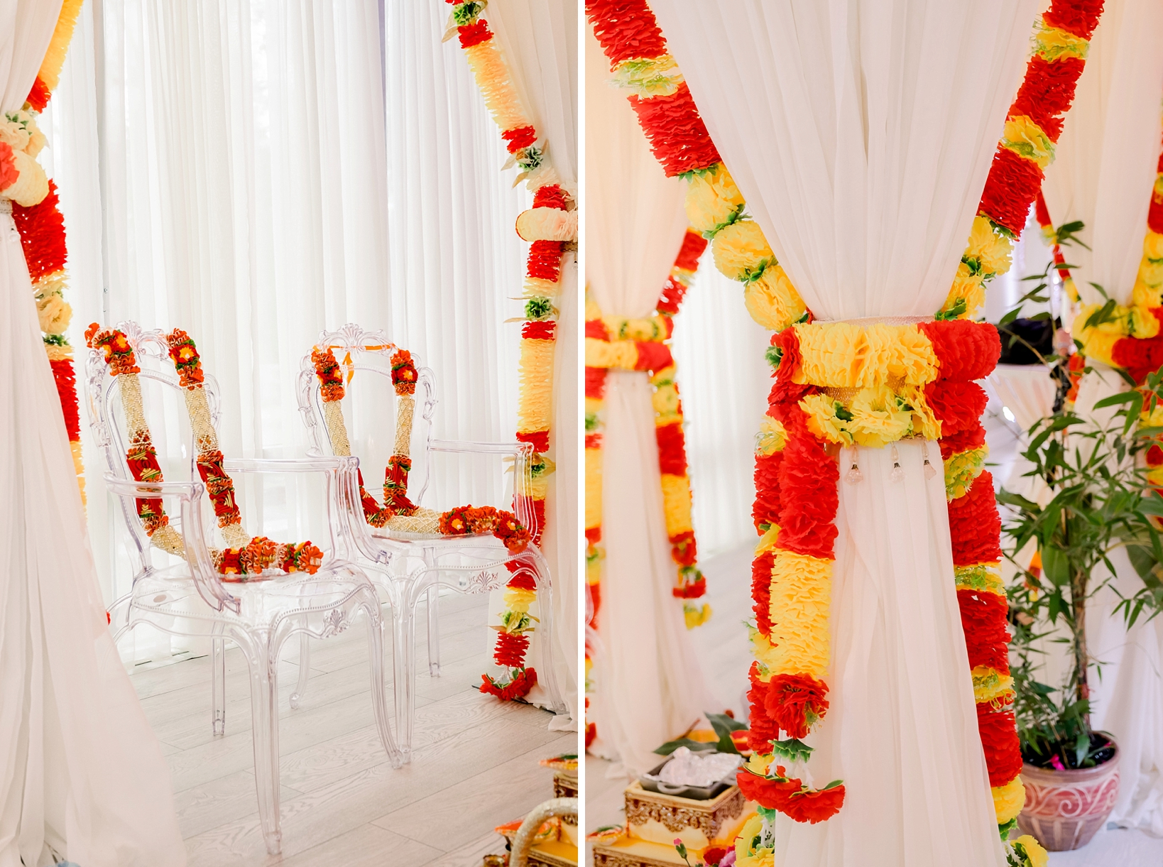 The flowers filled up the wedding ceremony space for the Hindu Ceremony in the Crystal Ballroom by Sarah & Ben Photography