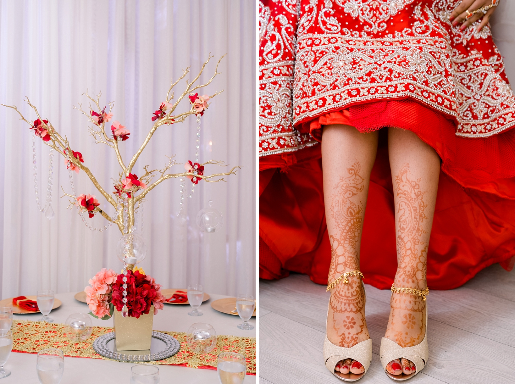 Centerpiece detail of flowers and gold branches and the henna tattoo details of the bride's legs