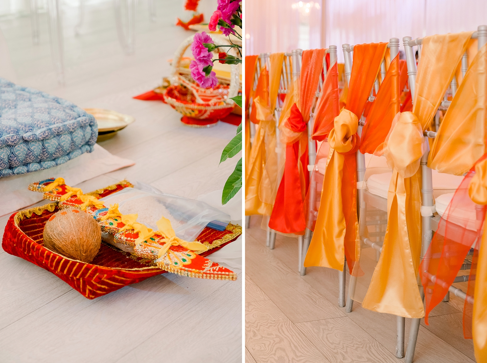 Wedding ceremony details and pops of bright orange and gold cloth
