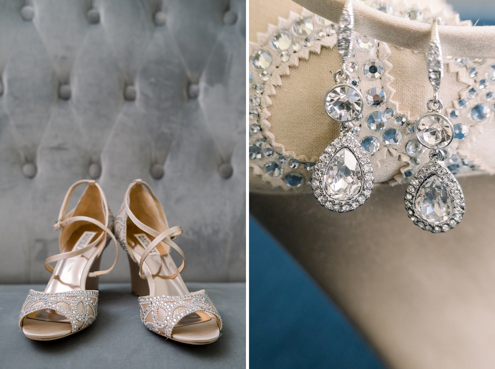 The Bride's shoes and her diamond earrings on a tufted chair in the Bridal suite