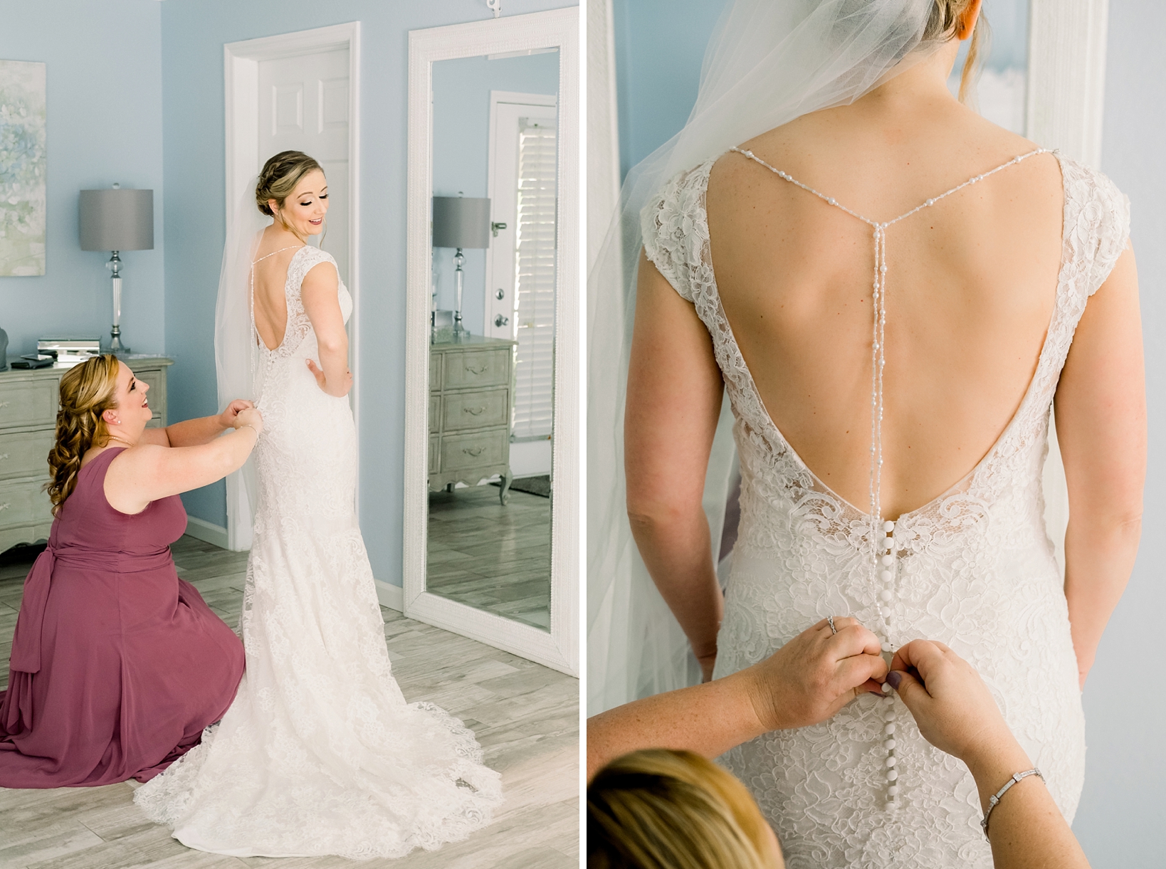 Bride being buttoned up into her wedding dress before her cross creek ranch wedding day